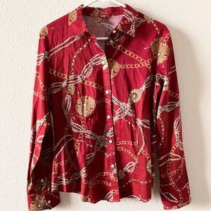 Talbots Haberdashery Red Preppy Medallion Links & Pearls Print Button Up Shirt